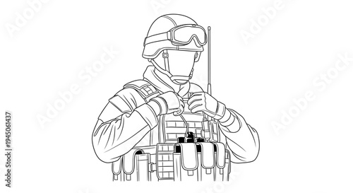 Soldier in tactical gear, helmet, and goggles, adjusting vest, military, army, combat, security, protection