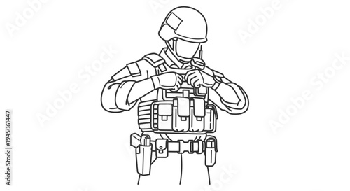 Soldier in tactical gear, helmet, vest, and pistol holster, preparing for action.