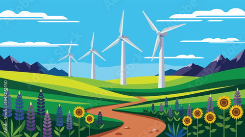 Flat vector landscape of wind turbines on green hills with sunflowers and mountains for renewable energy and sustainability marketing