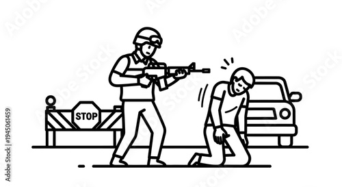 Soldier pointing rifle at kneeling man at stop checkpoint, car and barrier in background