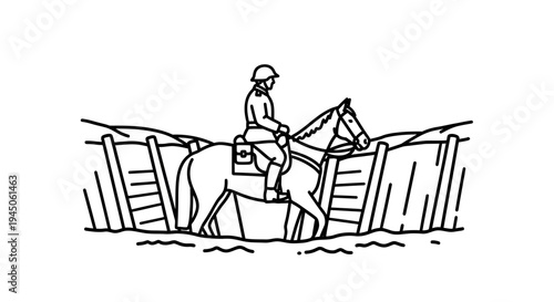 Soldier on Horseback Navigating Obstacle Course in Black and White Line Art
