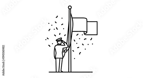 Soldier Salutes Flag on Pole with Confetti Falling - Military Honor and Celebration