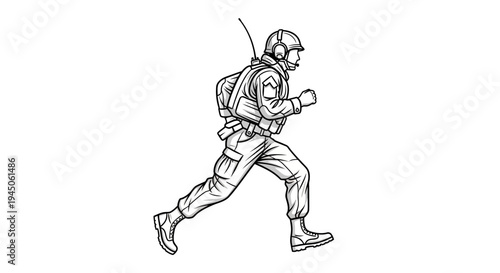 Soldier Running with Backpack and Radio Equipment