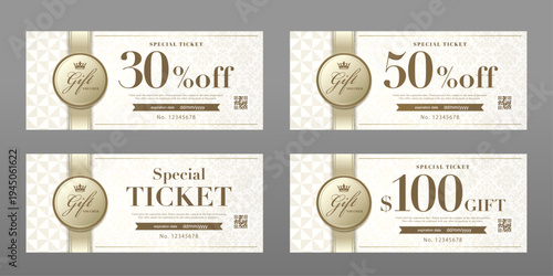 Luxury White Gold Gift Voucher Template – Elegant Coupon Card with Damask Pattern, Ribbon and Badge for Special Offer, Discount Ticket

