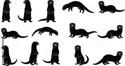 Black silhouette otter illustrations in multiple poses including standing, walking, crouching, swimming, artistic wildlife design for nature artwork