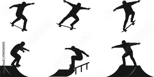 Black silhouette illustration of skateboarders performing tricks, skateboarding stunts on ramps and rails, extreme sports vector art design for skate park style
