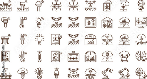 Smart agriculture technology line icon set with drones sensors crop monitoring greenhouse analytics irrigation and precision farming