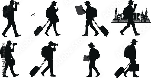 Black silhouette illustration of travelers walking with luggage and backpack, tourism vector design, tourist sightseeing clipart, adventure travel and vacation journey artwork set