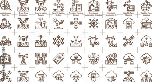 Smart agriculture technology line icon set with drones sensors livestock monitoring satellite mapping precision farming analytics automation system