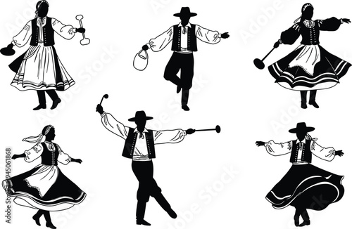 Black silhouette illustration of traditional folk dancers in cultural costumes, ethnic dance performance vector design, festival celebration art, heritage dancing clipart set