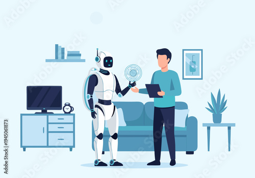 Futuristic home assistance Man engages with advanced AI robot, symbolizing smart technology integration