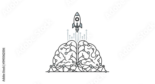 A stylized human brain with an intricate network of connections is depicted with a small rocket launching upwards from its center against a pristine white background.