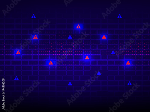 Compromised network security concept, red alert symbol on futuristic firewall grid with data threat detected.