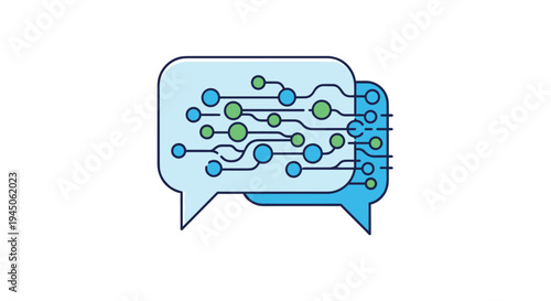Two light blue speech bubbles, slightly overlapping, are filled with an intricate circuit board pattern of connected green and blue dots and lines against a clean white background.