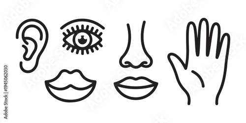 Five human senses icons set for educational materials including sight hearing smell touch and taste with hand