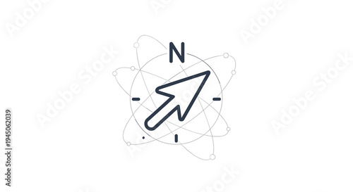 A minimalist compass with a mouse cursor pointing north is subtly encircled by a faint network of interconnected lines and dots against a pristine white background.