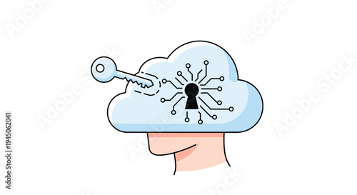 A human head in profile features a light blue cloud as its brain, containing a circuit board keyhole being unlocked by a silver key against a plain white background.
