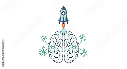 An animated illustration depicts a human brain with a rocket launching from its top and neural connections extending from its sides on a white background.