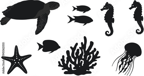 Black silhouette marine life vector illustration, sea turtle fish seahorse jellyfish starfish coral design, underwater ocean animals artwork, aquatic wildlife graphic elements
