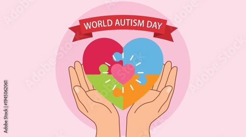 World Autism Day Awareness Illustration with Heart Jigsaw Puzzle and Caring Hands for Healthcare and Community Support