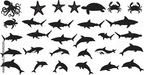 Black silhouette marine animals vector illustration, shark dolphin turtle crab octopus starfish design, ocean wildlife collection artwork, underwater nature elements, sea creature graphic