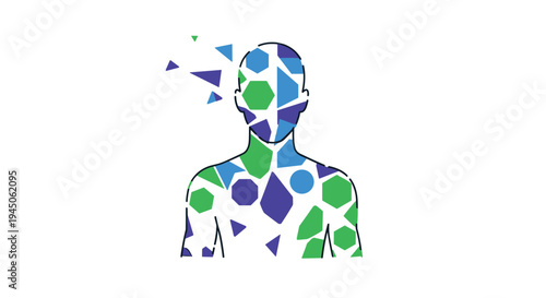 A stylized human silhouette composed of blue and green geometric polygons shows pieces fragmenting and drifting from its upper right side.