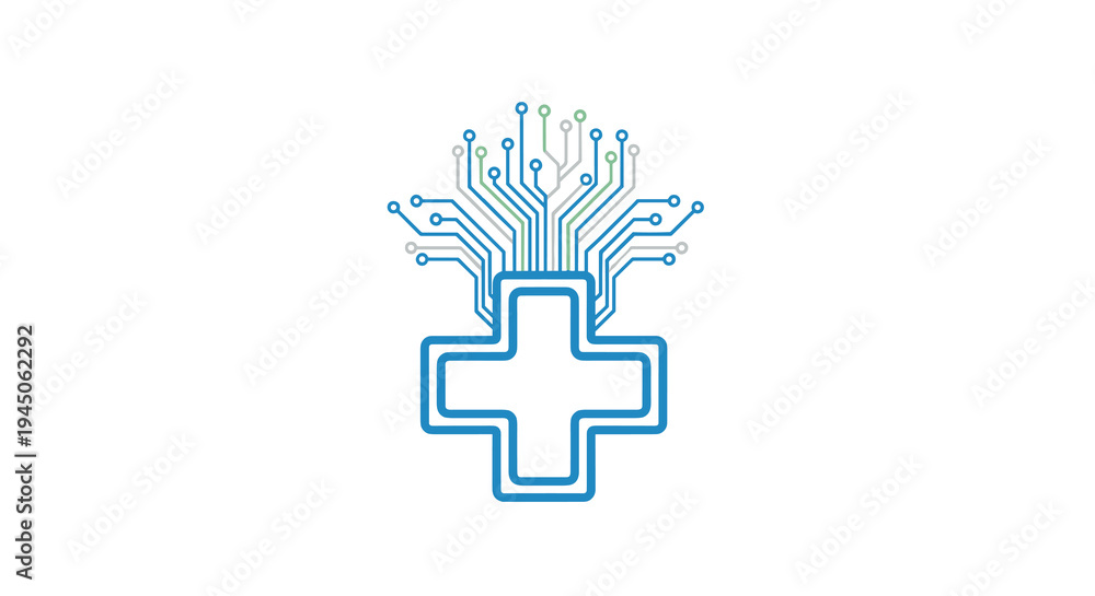 Obraz premium A blue outlined medical cross has a circuit board pattern forming a branching tree structure with green and blue lines on a white background.