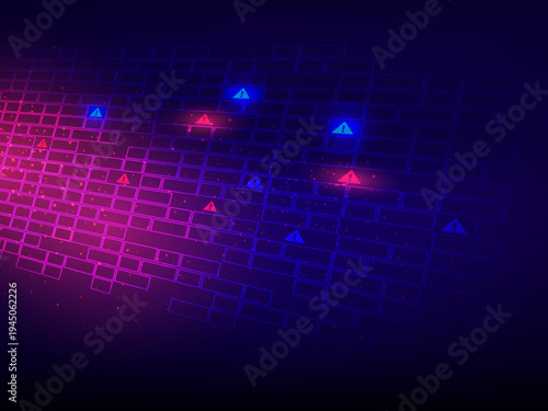 Firewall breach alert vector, red warning icon on blue grid wall for data intrusion detection system.