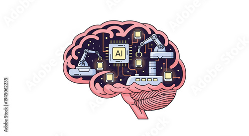 A pinkish-red outlined brain contains a dark internal space with stars, a central AI chip, two robotic arms, and various circuit board components on a white background.