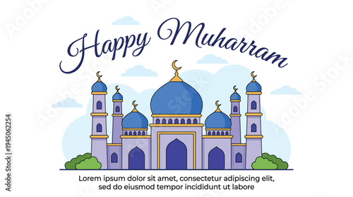 Happy Muharram Islamic New Year Greeting Card with Elegant Mosque Illustration on White Background