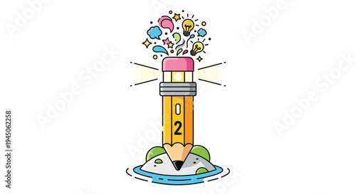 A yellow pencil with the number 02 serves as a lighthouse, with its eraser top emitting colorful lightbulbs and abstract shapes, standing on a small island surrounded by water.