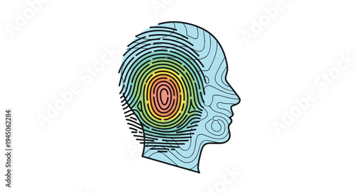 A light blue human head profile is filled with a colorful fingerprint pattern featuring a red, yellow, and green gradient center, with contour lines visible on the head's surface.