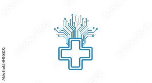 A blue outlined medical cross has a circuit board pattern forming a branching tree structure with green and blue lines on a white background.