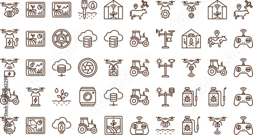 Smart agriculture technology line icon set with drones tractors sensors greenhouse monitoring livestock tracking and precision farming
