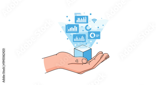 A human hand holds a glowing blue cube from which multiple data visualization elements, including charts and symbols, project upwards on a clean white background.