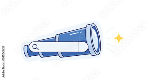 A vibrant blue telescope with a white search bar overlaid on its barrel and a yellow starburst emanating from its eyepiece is depicted on a pristine white background.