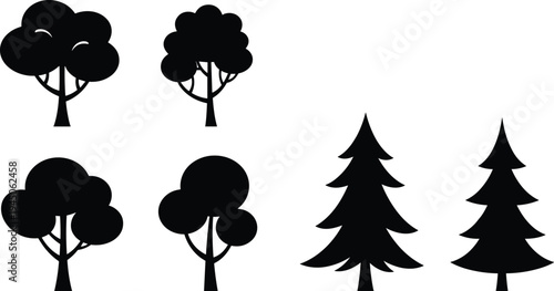 Black silhouette trees collection vector illustration, nature design, forest plants, decorative tree artwork, pine and deciduous tree shapes, graphic landscape elements illustration