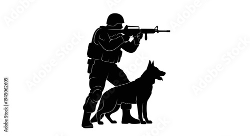 Soldier with Assault Rifle and Military Dog Silhouette, Tactical Teamwork