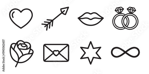 Love and marriage linear icons featuring heart arrow lips rings rose letter star and infinity symbols vector