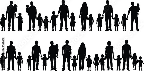 Family silhouettes collection with parents and children holding hands, happy family groups walking together, parenting and childhood concept isolated vector illustration set