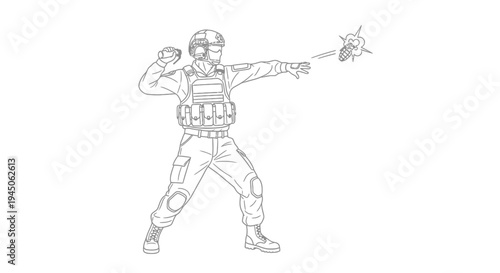 Soldier throwing grenade, military action, combat, explosion, tactical gear, illustration