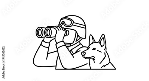 Soldier with Binoculars and Dog, Military Surveillance, Security Team