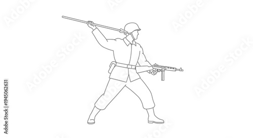 Soldier with rifle and spear, historical military illustration, vintage warfare art