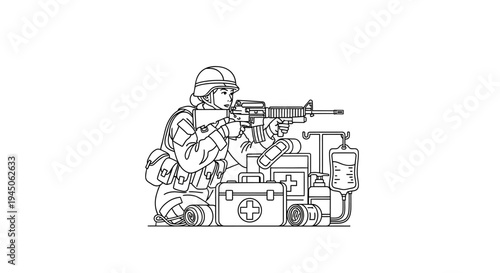 Soldier with medical supplies, combat medic, first aid kit, battlefield care