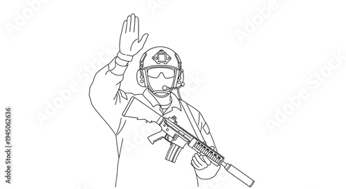 Soldier with rifle signaling halt, military operation, tactical gear, communication gesture