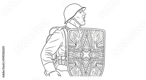 Soldier with shield, historical illustration, military protection, vintage warfare