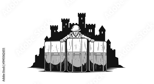 Soldier with riot shields guards castle, protest, security, defense, protection, barrier