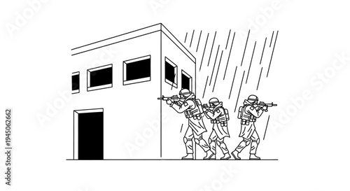 Soldiers advancing in rain, tactical operation, urban warfare, military action