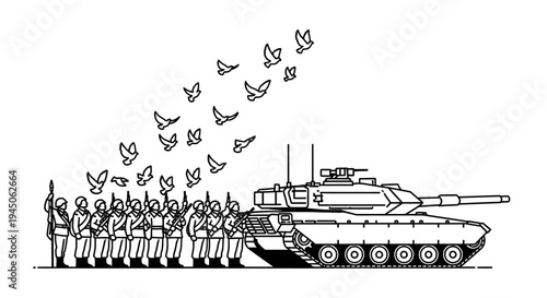 Soldiers and Tank with Doves Flying Above - Symbol of Peace and War