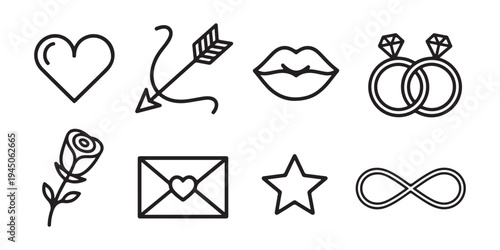 Valentine day romantic icons collection featuring heart arrow lips wedding rings rose love letter star symbol